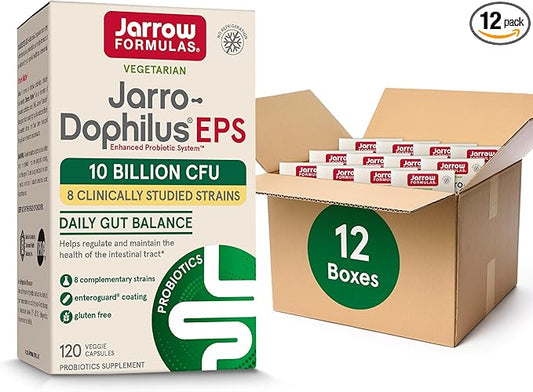 Jarrow Formulas Jarro-Dophilus EPS Probiotics 10 Billion CFU for Intestinal Tract Support, Probiotic Supplement for Gut Health for Women and Men, 120 Veggie Capsules, Up to a 60 Day Supply ,Pack of 12