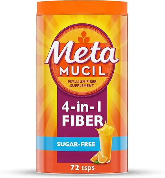 Metamucil 4 in 1 Daily Fiber Supplement Powder, Fiber Powder for Digestive Health and Regularity*, Sugar-Free, Orange, Naturally Sourced Psyllium Fiber, 72 teaspoons