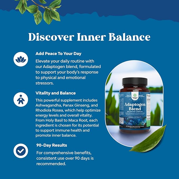 Herbal Adaptogen Mood Support Supplement - Calming Adaptogens Supplement for Stress & Cortisol Management with Ashwagandha Rhodiola Rosea & Maca Root - Vegan Non GMO & Daytime Friendly - 60ct