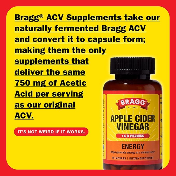 Bragg Energy Apple Cider Vinegar Capsules with B Vitamins - (2 Pack) 90 Capsules - Helps Generate Energy at Cellular Level