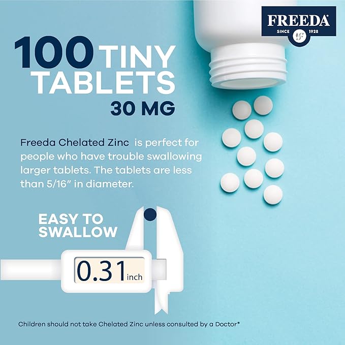 Freeda Chelated Zinc Supplement - Kosher 30 mg Zinc Chelate Zinc Tablets as Albion TRAACS Zinc Bisglycinate - Zinc Chelated for Adults - Pure Zinc 30mg - Zinc for Men & Women - (250 Tiny Tablets)