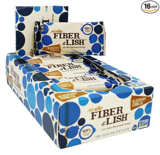 NuGo Fiber d'Lish Blueberry Cobbler, 12g High Fiber, Vegan, 150 Calories, 1.6 Ounce (Pack of 16)