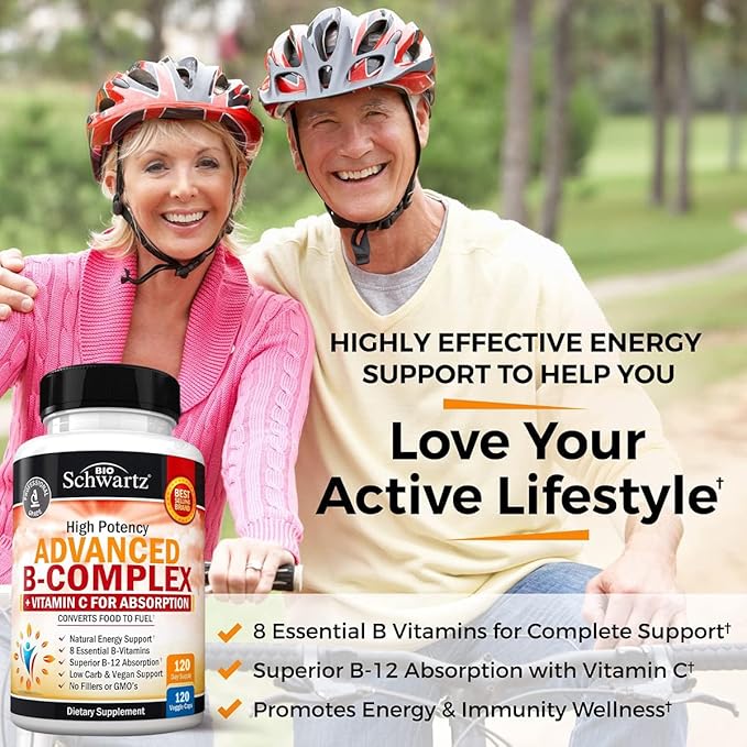 Vitamin B Complex with Vitamin C for Maximum Absorption - Methylcobalamin b12 & Folate Folic Acid Supplement - Vitamins B1 B2 B3 B5 B6 B7 B9 for Immune Energy & Nervous System Support - Non-GMO 120ct