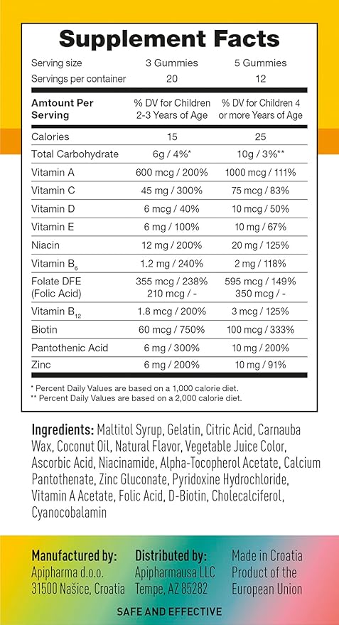 Children's Multivitamin Gummies - Immunity Supporting Kids Vitamins with A, B, C, D, E, Biotin, Pantothenic Acid and Zinc - Sugar-Free & Natural Colors Kids Vitamin Gummies (60 Gummies)