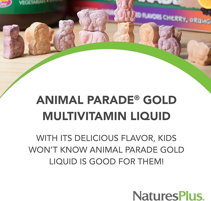 Natures Plus Animal Parade Gold Children's Liquid Multivitamin, 16 fl oz - Natural Tropical Berry Flavor - Immune Support Supplement - Gluten Free, Vegan - 32 Servings