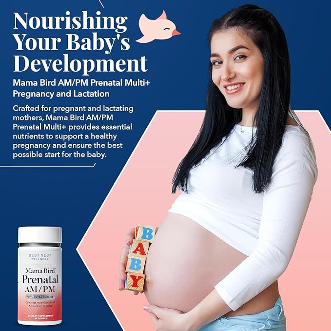Best Nest Wellness Mama Bird AM/PM Prenatal Multi Plus - Methylated Prenatal Multivitamin Supports Healthy Brain Development - Nutritional Support Supplement for Pregnancy with Choline - 60 Caplets