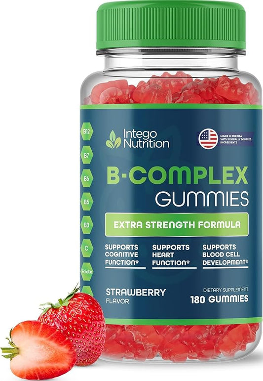 Vitamin B Complex Gummies for Adults, B Complex Vitamin Supplement for Women and Men, B Vitamins Complex Gummies for Energy and Brain Health, Natural Strawberry Flavor, 180 Count