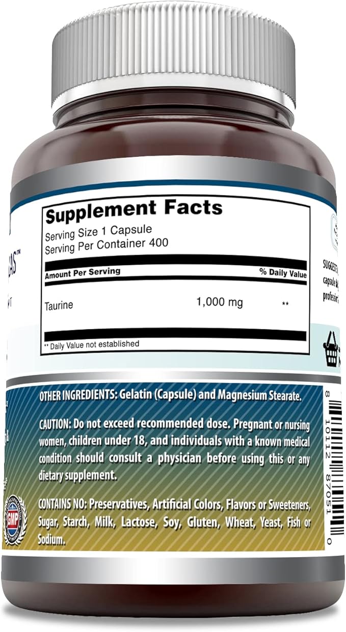 Amazing Formulas Taurine 1000mg Capsules Amino Acid Supplement | Non-GMO | Gluten Free | Made in USA (400 Count)