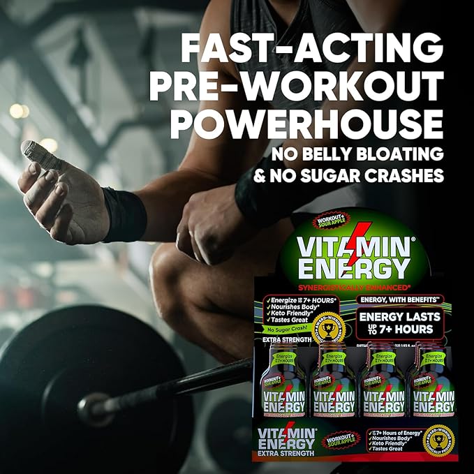 Vitamin Energy Pre Workout Drink - Keto Friendly Sugar Free Shots | Natural Clean Green Tea Caffeine with Proprietary Endurance Blend | Energize up to 7+ Hours - Sour Apple - 1.93 Fl Oz- Pack of 48