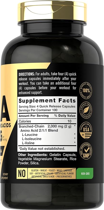 Carlyle BCAA Amino Acids Capsules | 2000mg | 400 BCAA Capsules | Non-GMO, Gluten Free Branch Chain Amino Acids Supplements