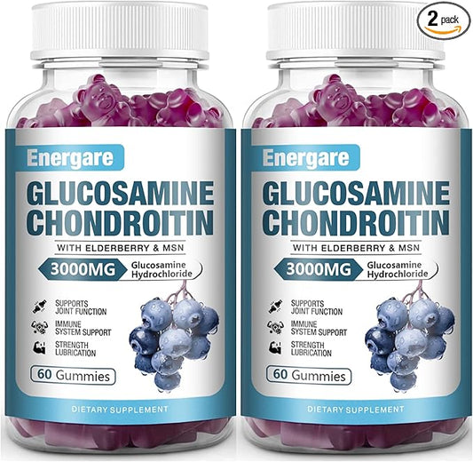 2 Pack 3000mg Glucosamine Chondroitin with MSM Gummies & Elderberry, Extra Strength Joint Support Health, Flexibility, Antioxidant, Immune Supplement Gummy for Adults, Men & Women 120 Counts