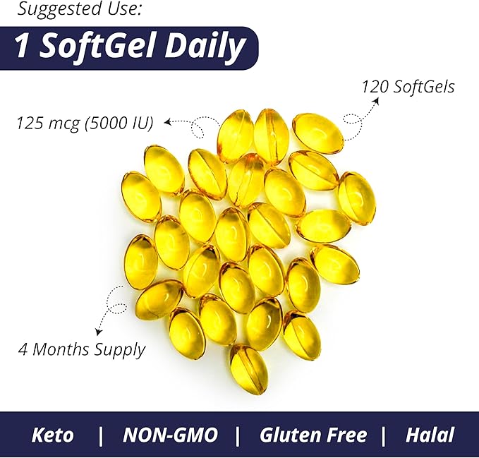 WOW Supplements Vitamin D3 5000 IU Softgels, 125 mcg - Vitamin D3 5000IU Supplement for Strong Bones and Immune Support - Non-GMO, Gluten Free Vitamin D 5000 IU - VIT D3 5000 IU Softgels - 120 Count