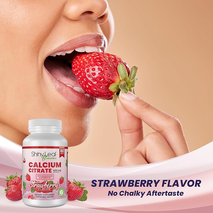 Shiny Leaf Bariatric Calcium Citrate 600mg - Supplement for Bariatric Surgery Patients, 60 Ct Chewable Tablets with Magnesium, Vitamin D3, Natural Strawberry Flavor, Vegetarian (4 Months)