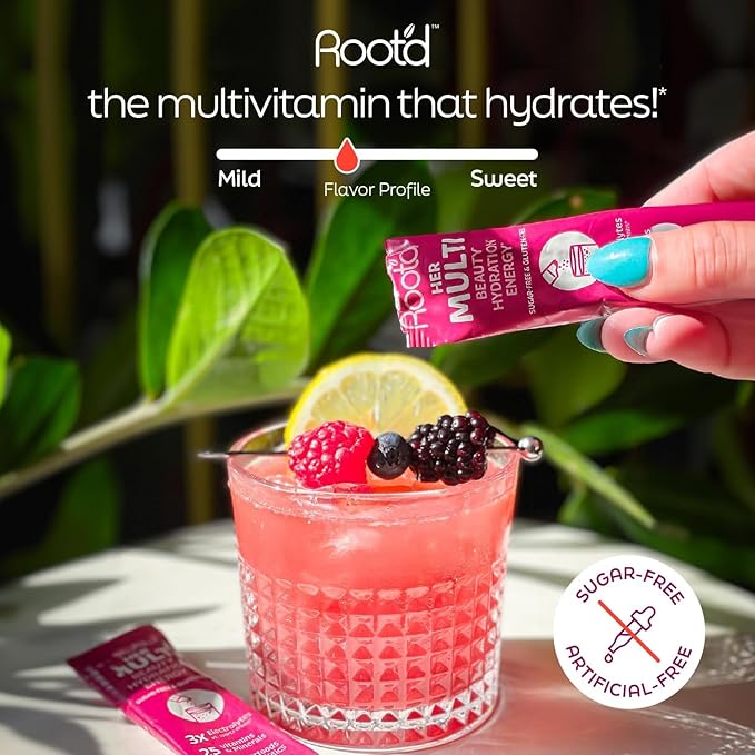 Root'd Multivitamin Powder for Women - 25 Vitamins & Minerals with 3X Electrolytes, 9 Organic Superfoods, Probiotics & Enzymes, Sugar-Free Multivitamin & Hydration | 24 Vitamin Drink Mix Packets