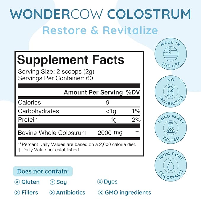 WONDERCOW Colostrum Supplement Powder for Gut Health, Immune Support, Muscle Recovery & Wellness | Natural IgG Pure Whole Bovine Colostrum Superfood, Unflavored, 60 Servings