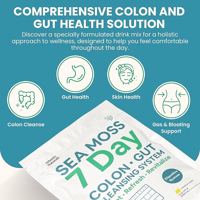 Atlantic Naturals - Sea Moss 7-Day Cleanse Colon & Gut Detox - Juice Cleanse Support with Psyllium Husk Senna Powder - Body Cleanse and Detox for Women & Men - Pineapple Flavor Mix Detox Drink (14 oz)