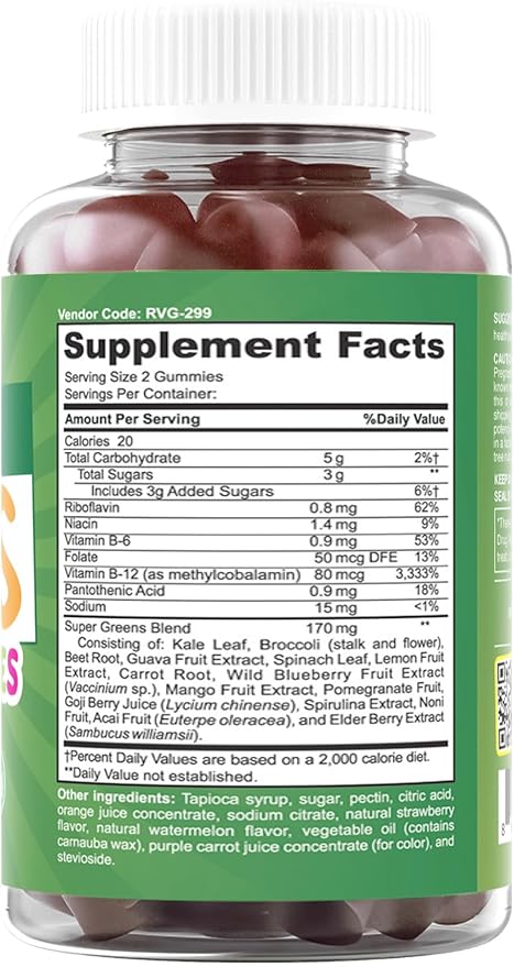 Feel Great Super Green Gummies for Kids | Fruit and Vegetable Gummies | Vegan Veggie Gummy Multivitamin for Kids | Veggie Fiber Supplement | 60 Count