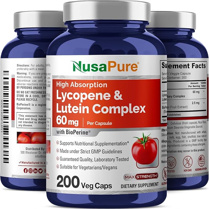 NusaPure Lycopene & Lutein Complex 60mg per Caps, 200 Veggie Capsules (Non-GMO, Vegan)