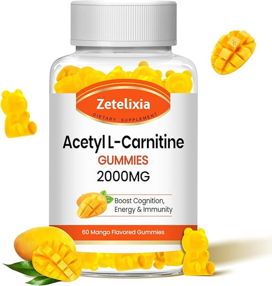 Acetyl L-Carnitine Gummies 2000mg, L-Carnitine Supplement for Promote Fatty Acids Oxidation, Nutrition Supplement for Boost Energy, Immunity & Metabolism, Vegan, Mango Flavor, 60 Count