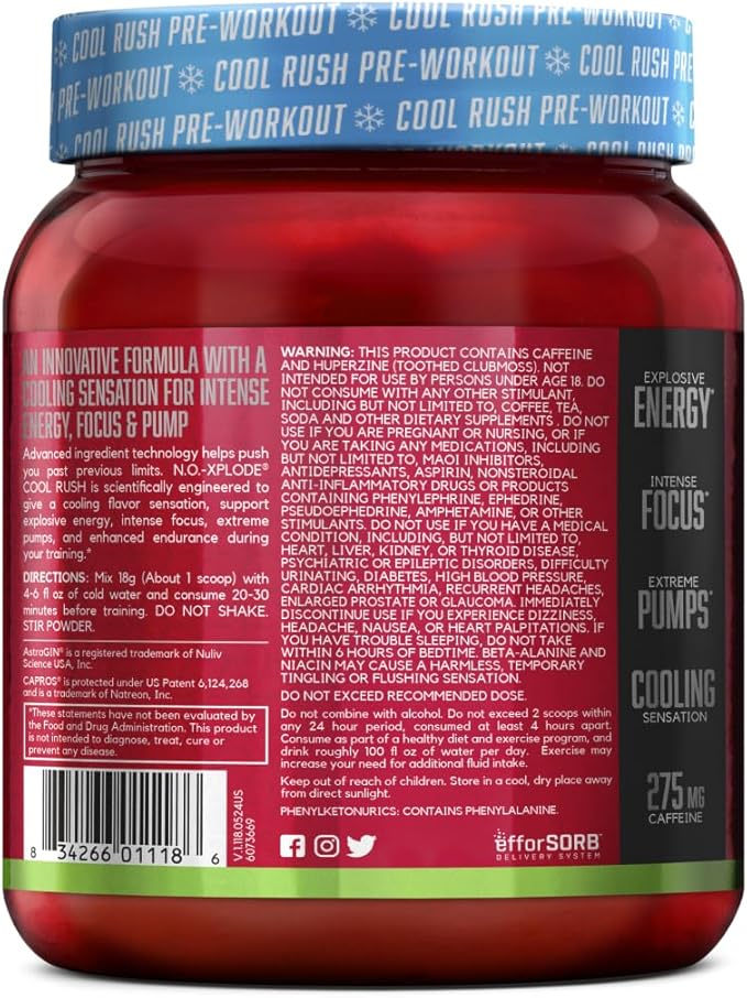 BSN N.O.-XPLODE Cool Rush Pre Workout Powder, Preworkout Energy Supplement for Men and Women with Creatine and Beta-Alanine, New Flavor: Cherry Lime Ice, 30 Servings
