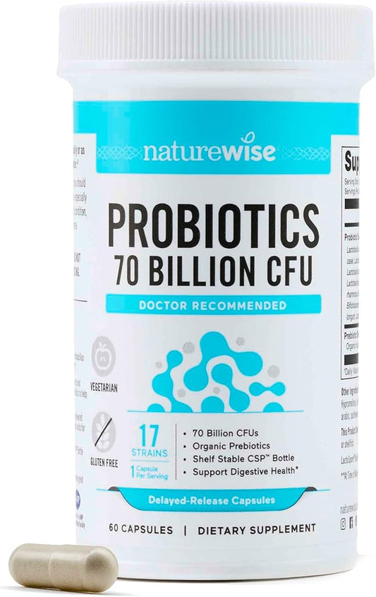 NatureWise Probiotics 70 Billion CFU - 17 Strains + Organic Prebiotics - Immune, Digestive & Gut Health Support for Women & Men - Vegetarian, Gluten-Free, Non-GMO - 60 Capsules[2-Month Supply]