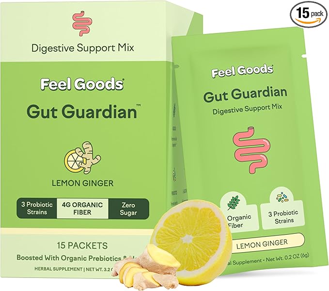 Feel Goods Gut Guardian, Prebiotic & Probiotic Powder, Sugar Free, Organic Fiber, Organic Herbs for Bloat, Gut Health Support, Digestive Health for Men & Women, Non GMO, Vegan | Lemon Ginger, 15 Count