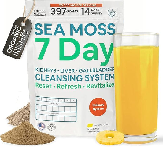 Atlantic Naturals Sea Moss 7 Day Detox Liver, Gallbladder & Kidney Cleanse - Support with Dandelion Root, Milk Thistle, Burdock Root, Red Clover, Chanca Piedra - Pineapple Flavor Drink Mix (14 oz)