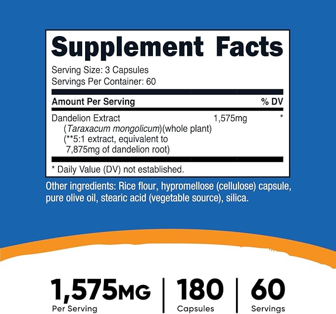 Nutricost Dandelion Extract Capsules 1575mg Per Serving (180 Capsules) - 525mg Per Capsule, Non-GMO, Gluten Free