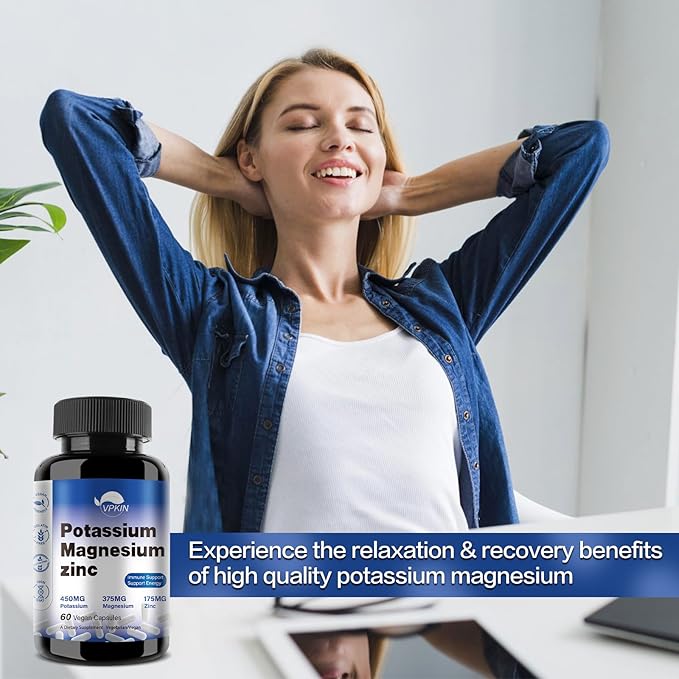 Potassium Magnesium Supplement 1000mg,Magnesium Potassium Zinc for Leg Cramps,High Absorption Magnesium Complex,Vegan (60 Capsules)