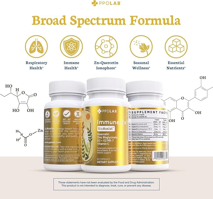 Immune-fx™ Advanced Daily Chelated Zinc Ionophore Immune Support Supplement with Quercetin 500mg Bioflavonoid, Antioxidant Vitamin C, D3, K2, DNA Heart Lung Aid, Clean Certified® 60 Vegan Capsules