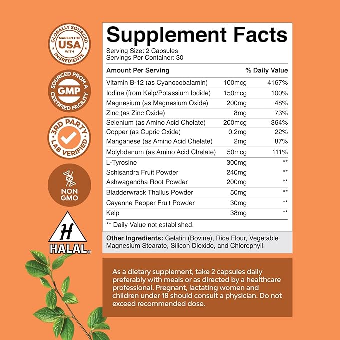 Herbal Thyroid Support Complex - Iodine Thyroid Supplement with L Tyrosine Bladderwrack Kelp Selenium and Ashwagandha - Mood Enhancer Energy Supplement for Thyroid Health - 60 Halal Capsules