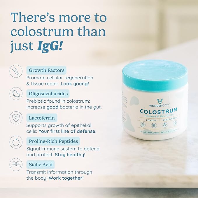 WONDERCOW Colostrum Supplement Powder for Gut Health, Immune Support, Muscle Recovery & Wellness | Natural IgG Pure Whole Bovine Colostrum Superfood, Unflavored, 60 Servings