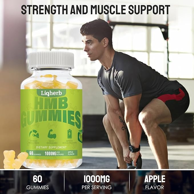 HMB Gummies 1000 mg for Adults, HMB Supplement for Muscle Protein Synthesis, Improving Endurance and Maintaining Lean Muscle, Non-GMO, Vegan, Gluten-Free, 60