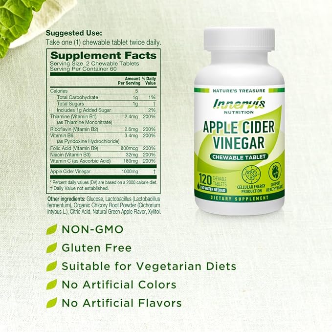 Apple Cider Vinegar 120 Chewable Tablets Healthy Heart Immune Support Energy Production Supplement