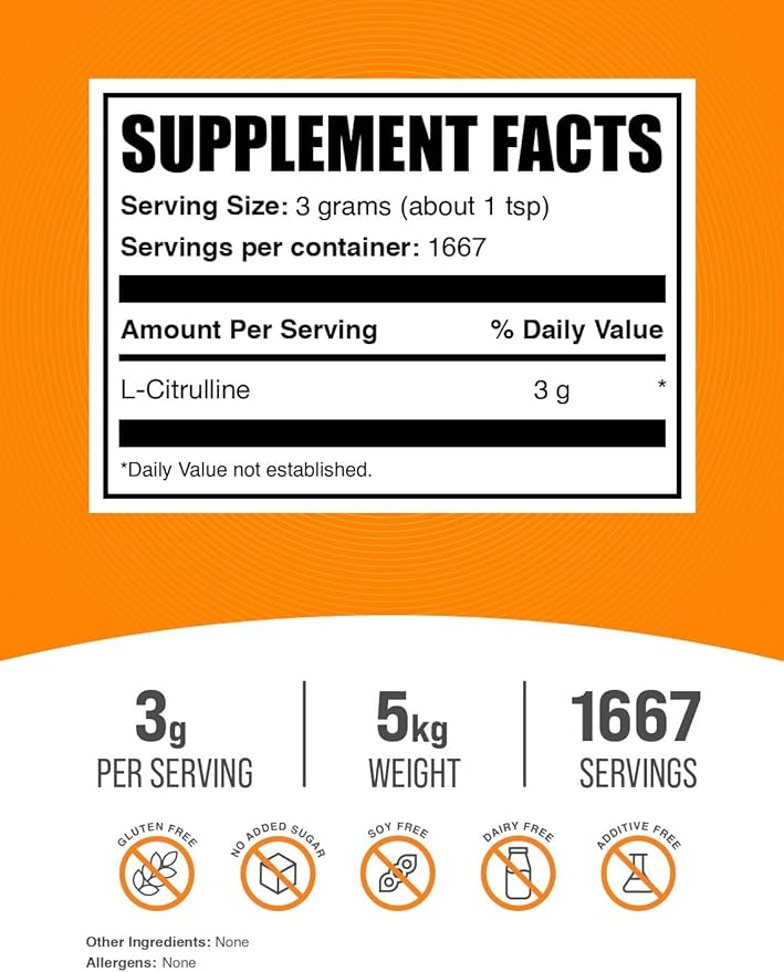 BulkSupplements.com L-Citrulline Powder - Citrulline Supplement, Citrulline Powder - L-Citrulline 3000mg, Unflavored & Gluten Free - 3g per Servings, 5kg (11 lbs) (Pack of 5)