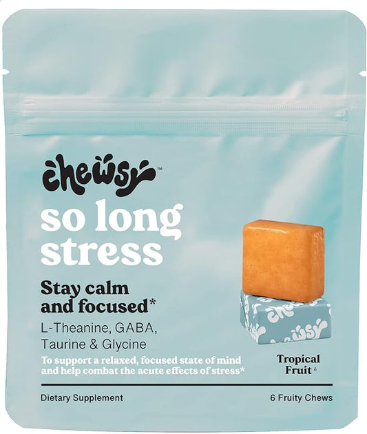 Chewsy So Long Stress, Calm Fruity Chews, Stay Calm & Focused. w/L-theanine, Amino Acid, GABA, Glycine, Tyrosine, Taurine & Magnesium. Non-GMO and Gluten-Free. Tropical Fruity Chews, 6-Day Supply