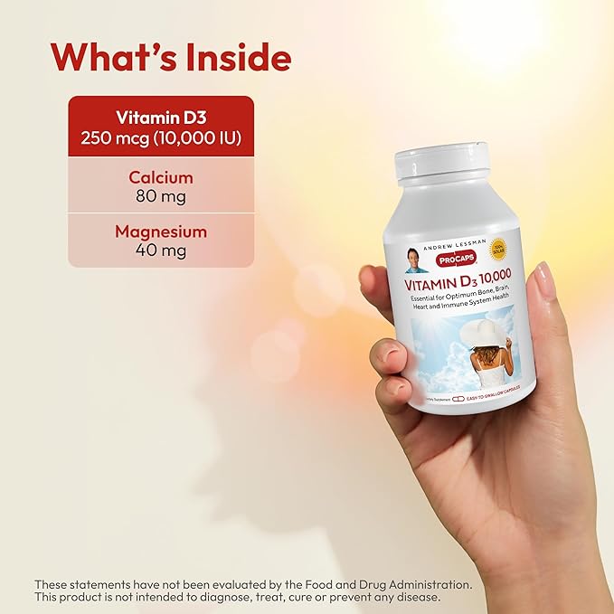 ANDREW LESSMAN Vitamin D3 10,000 IU 180 Capsules – High Potency, Essential for Calcium Absorption, Supports Bone Health, Healthy Muscle Function, Immune System and More. Small Easy to Swallow Capsules
