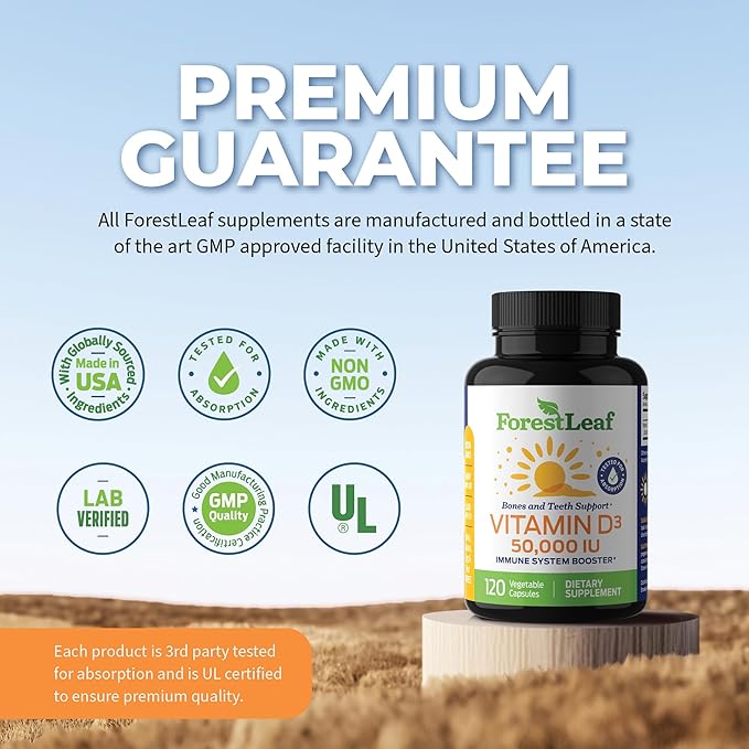 ForestLeaf - Vitamin D3 IU Weekly Supplement - Vitamin D Capsules for Bones, Teeth, and Immune Support - Easy Swallow Pure Vitamin D3 Caps (50,000 IU - 120 Count - 2 Pack)