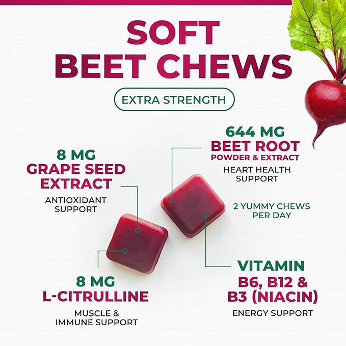 Beet Chews - Soft Beet Root Chewables with Grape Seed Extract Supports Heart Health & Energy with Powerful Antioxidants - Nature's Beetroot Nitric Oxide Supplement, Berry Flavor - 60 Vegan Soft Chews