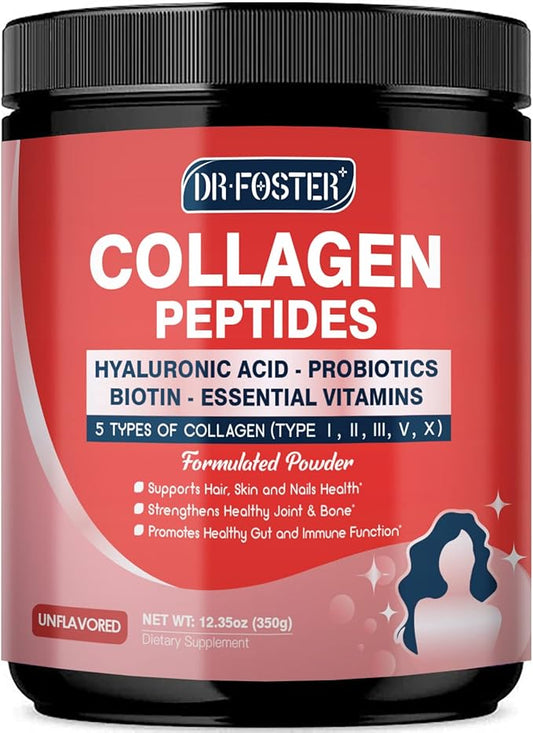 5 Types Collagen Peptides Powder with Probiotics - Hydrolyzed Collagen Peptides with Multivitamins, Hyaluronic Acid & Biotin - Support Skin Hair Nail Joints & Gut