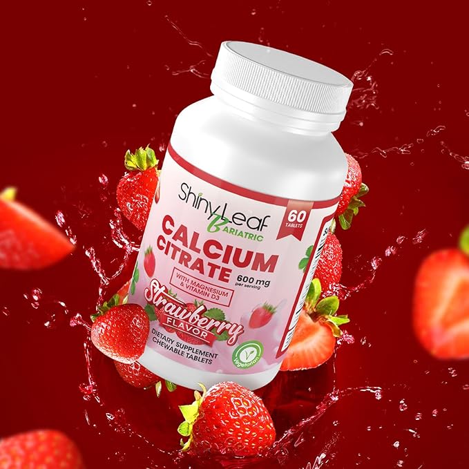 Shiny Leaf Bariatric Calcium Citrate 600mg - Calcium Supplement for Bariatric Patients, 120 Ct Chewable Tablets with Magnesium, Vitamin D3, Natural Strawberry Flavor, Vegetarian Formula (2 Months)