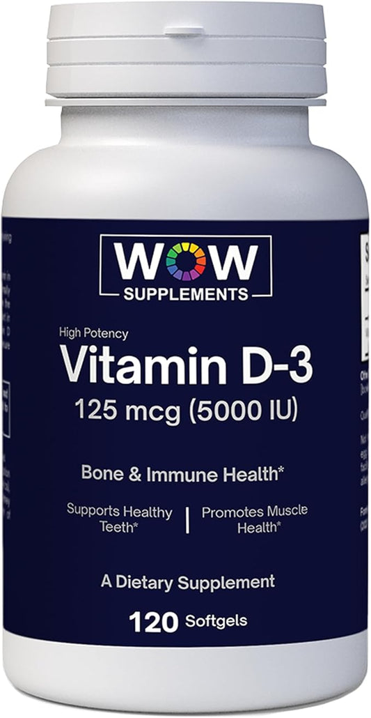 WOW Supplements Vitamin D3 5000 IU Softgels, 125 mcg - Vitamin D3 5000IU Supplement for Strong Bones and Immune Support - Non-GMO, Gluten Free Vitamin D 5000 IU - VIT D3 5000 IU Softgels - 120 Count
