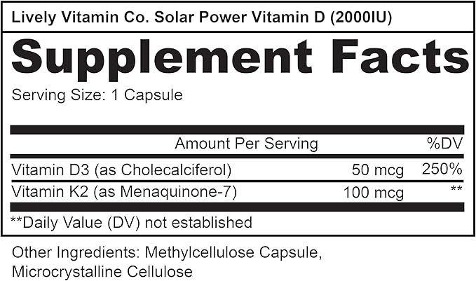 LIVELY VITAMIN CO. Solar Power Vitamin D3 2000 iu - Patented Vitamin K - MK7 - Immune Balance - Brain Function - Mood - Heart - Stress - 60 Count