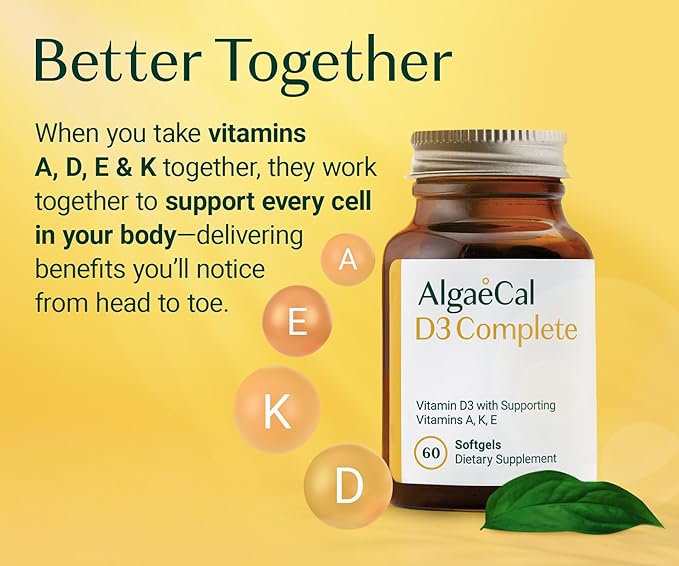 ALGAECAL D3 Complete - Vitamin D Complex - D3 K2 Vitamin 1000iu, ADEK Vitamins Bariatric, Best Vitamin D Supplement. 60 Easy-Swallow Softgels, 3 Month Supply