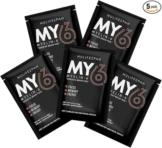 Myelin-6 Sampler Pack, 5 Single Serve Packs, Focus Supplement & Brain Health with AlphaSize, Memory and Cognitive Function Support, Orange Tangerine Flavor, Gluten-Free, Non-GMO