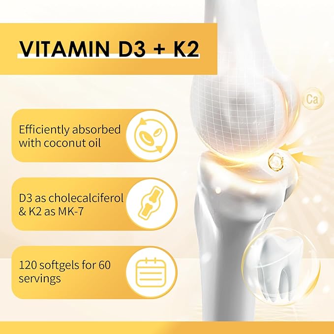 Vitamin D3 K2 Supplement with Vitamin D3 5000 IU, 200 mcg Vitamin K2 MK-7 & Natural Coconut Oil, Plant Based 2-1 Formula for Bone, Teeth, Muscle and Immune Health Support,60 Softgel Capsules, Apple