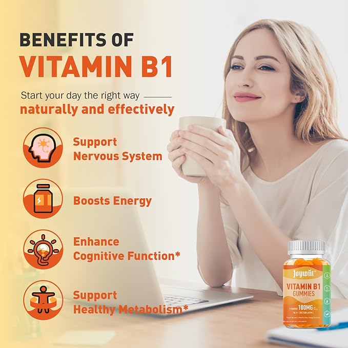 Vitamin B1 Gummies 100mg for Adults & Kids, Thiamine B1 Supplement with 600mg Calcium, Nervous System Supports & Boost Energy, Orange Flavor, Non GMO, Vegan, 120 Chewable Gummies