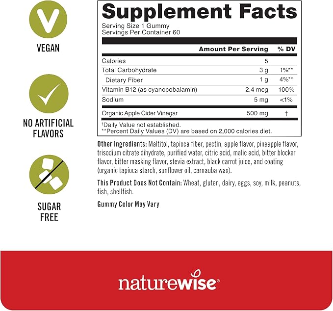 NatureWise Apple Cider Vinegar Keto Gummies - 1000mg ACV per 2, Sugar Free, Vegan - Energy & Gut Health - ACV Gummies W/Vitamin B12-60 Gummies[1-Month Supply for 1000mg / 2-Month Supply for 500mg]
