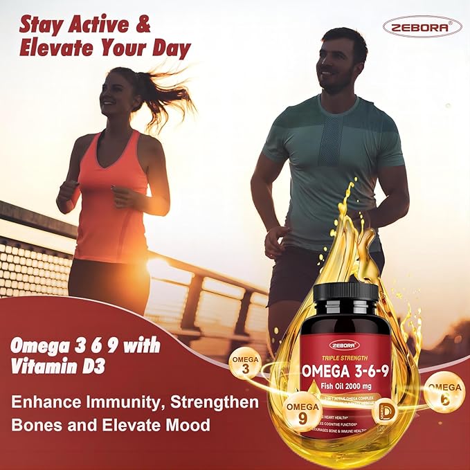 Triple Omega 3-6-9 Fish Oil 2000mg - High Potency with Vitamin D3 & Astaxanthin, Support for Heart, Brain and Immune Health - Includes Flaxseed & Borage, 60 Servings