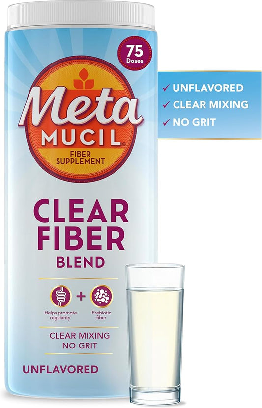 Metamucil Fiber Supplement, Unflavored Clear Mixing Powder, No Grit, No Sugar Added, Plant Based Prebiotic Fiber Blend for Daily Digestive Health, 75 teaspoons
